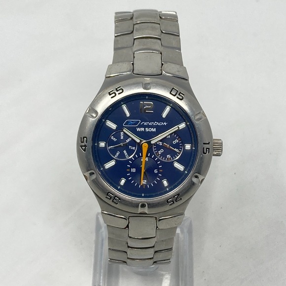 Reebok Watch Men 39mm Silver Tone Blue Dial Day Date WR 50M New Battery 8.25" - Picture 3 of 15